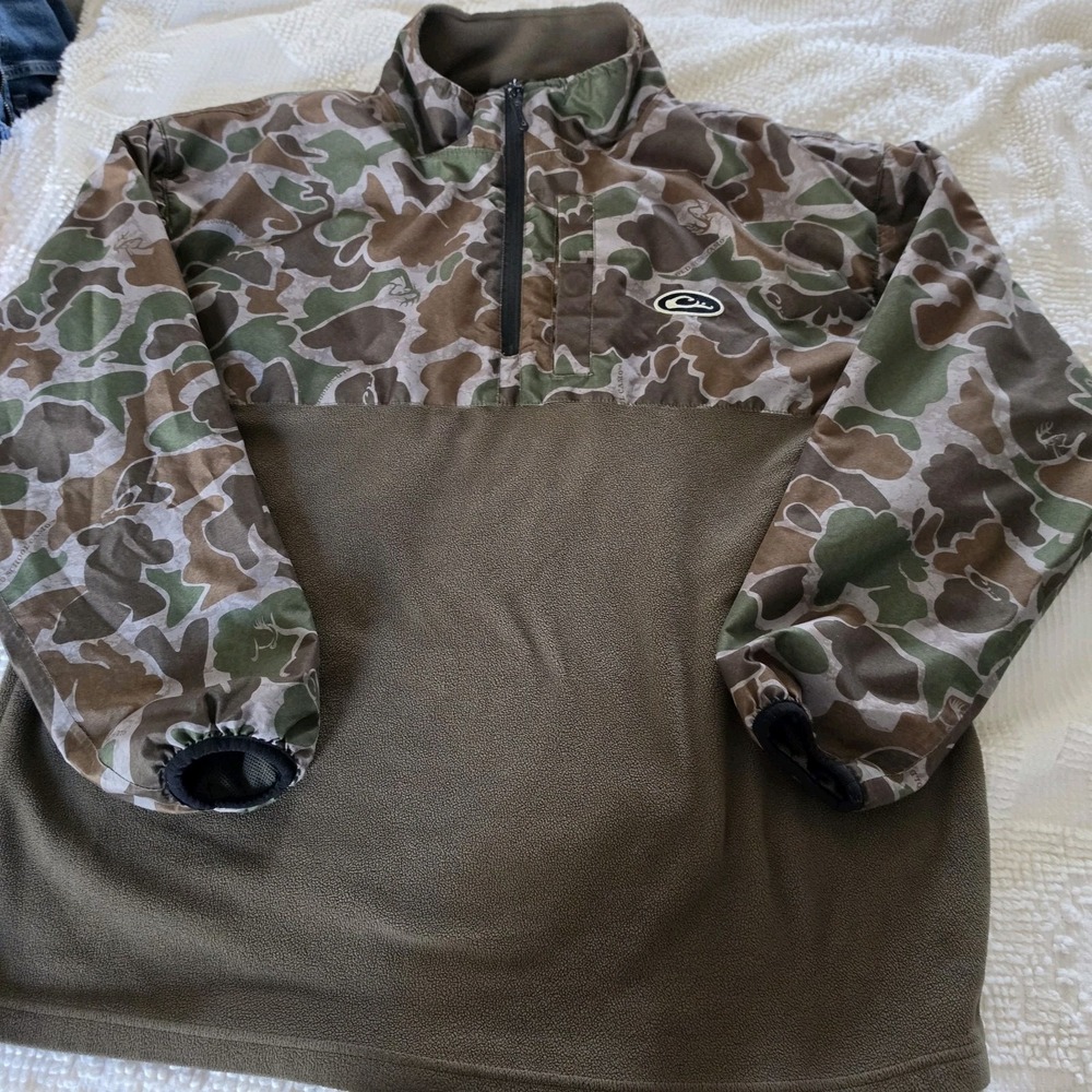 Drake Refuge Eqwader Old School Green Camo 1/4 Zip Mens L Hunting Outdoor Fleece